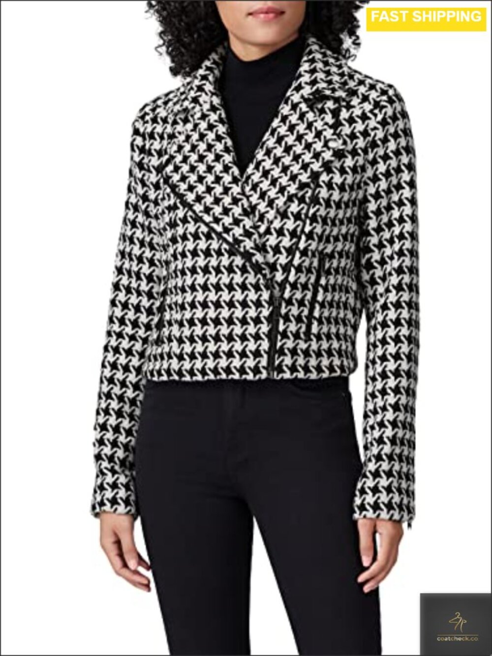Houndstooth Moto Jacket Long Sleeve Fitted Aviator Casual